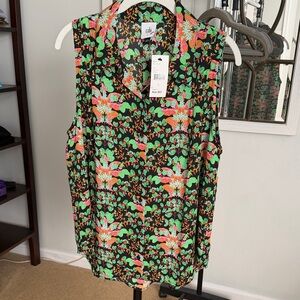 CAbi Sleeveless Button-Up Blouse — Black with Green & Pink Floral
